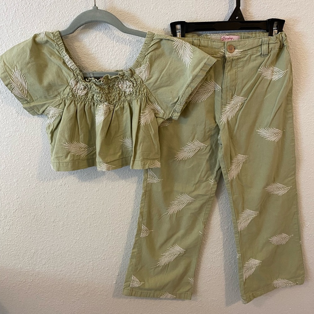 Kids Paisley Lane Green Leaf Print Top and Pants Set 100% Cotton